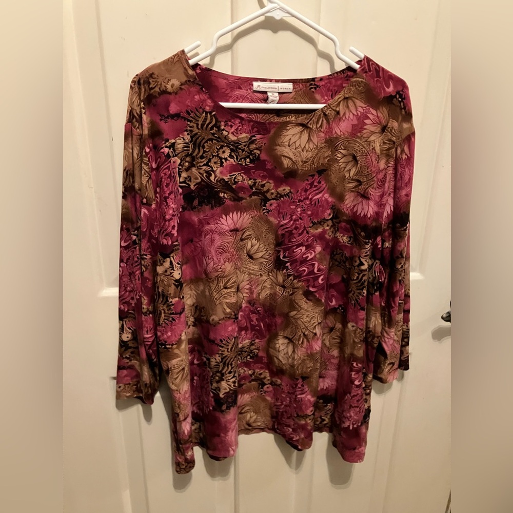 JM Collection Wine, Pink,  and Brown Floral Blouse
